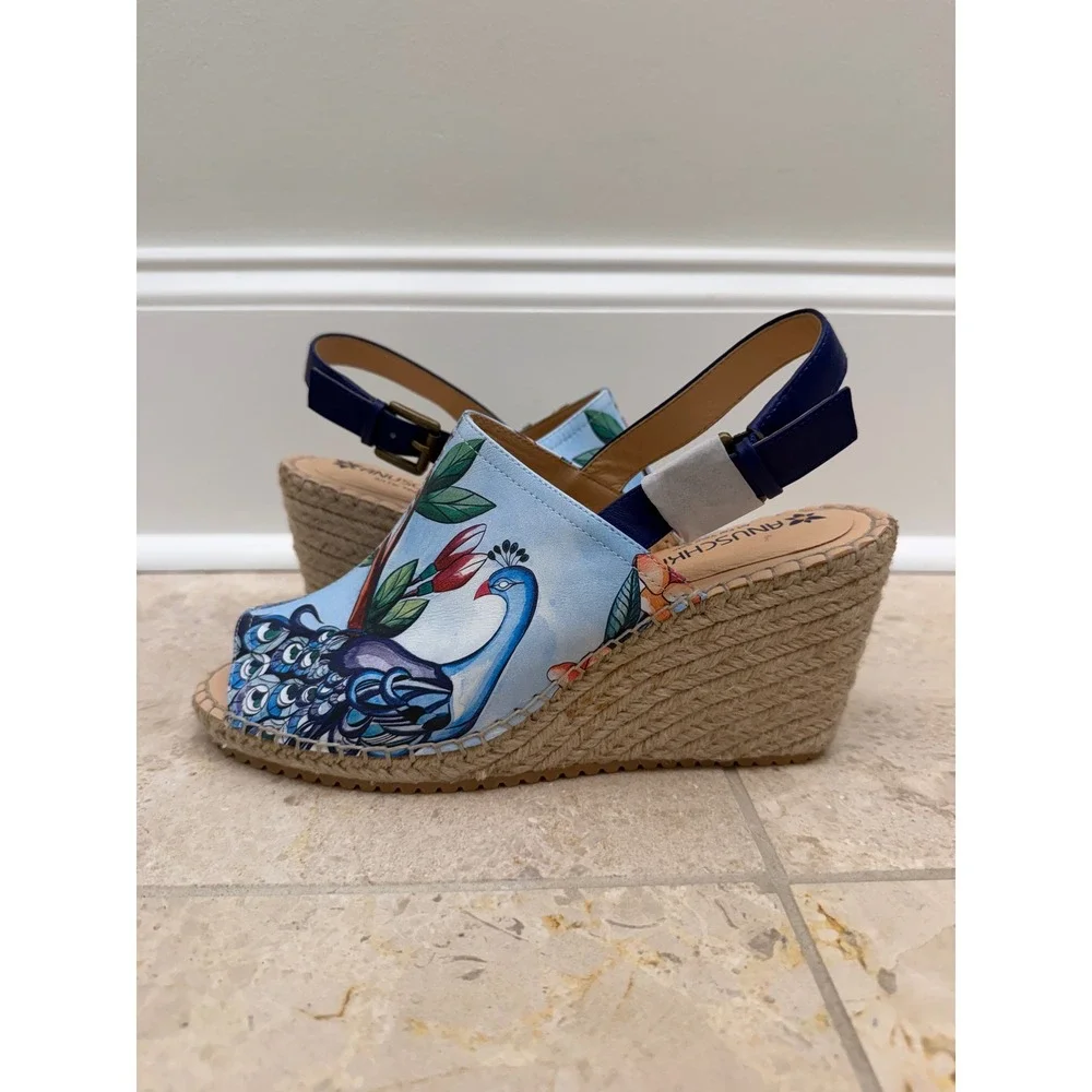 Anuschka Maya Printed Leather Espadrille Wedge Sandals Peacock Blue 9